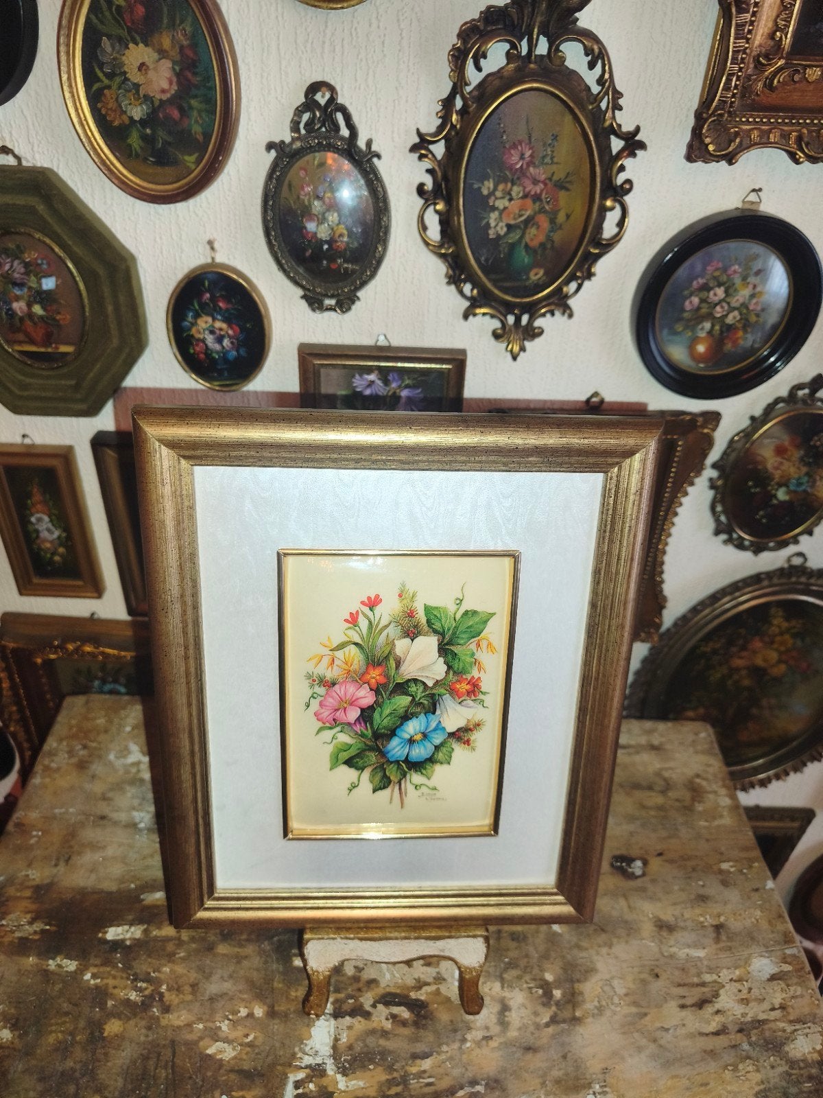 oud schilderijtje schilderij lijst stilleven bloemen Y70, Ophalen of Verzenden