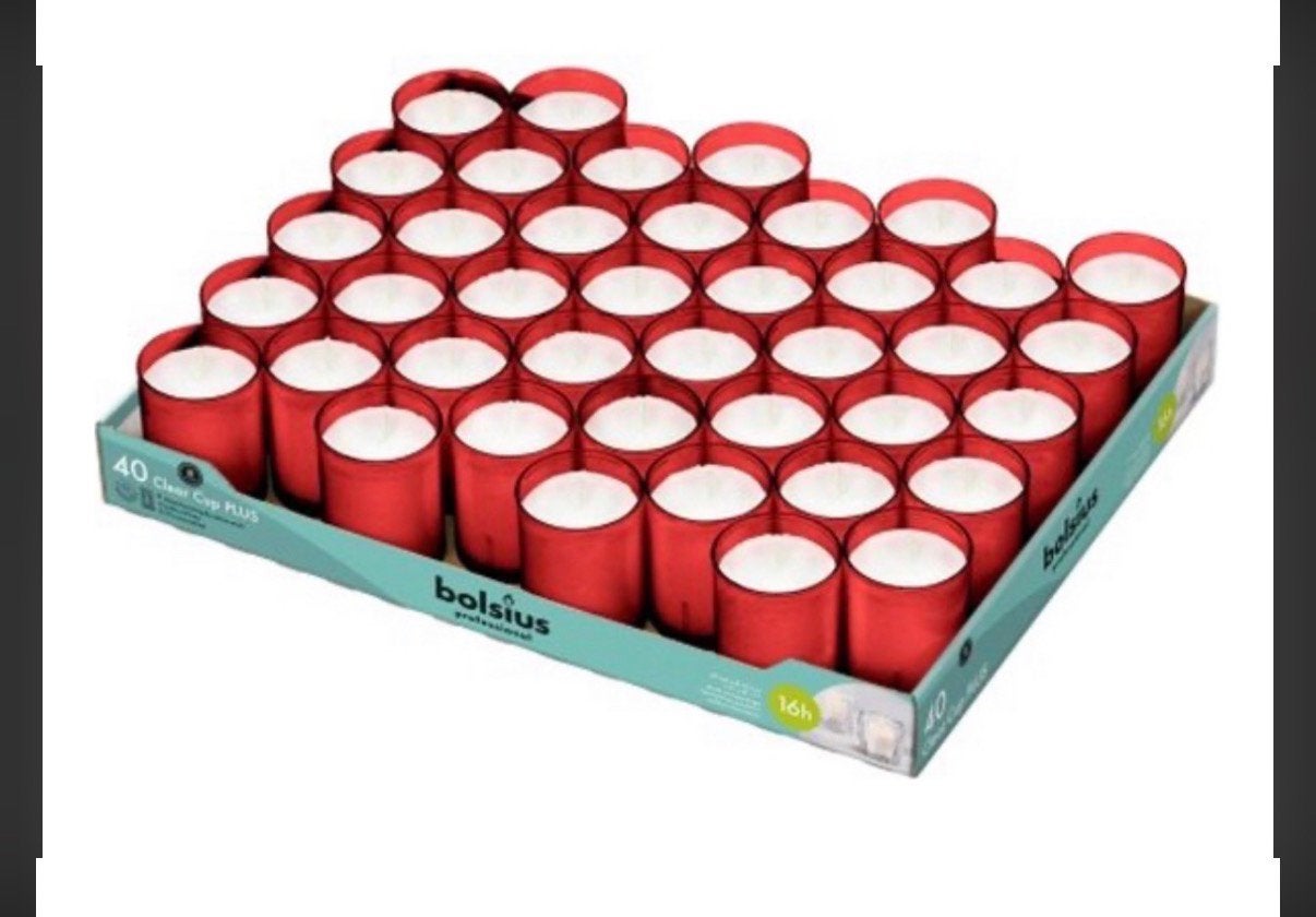 Partij kaarsen 2000 stuks ! Bolsius clear cups rood, Ophalen, Zo goed als nieuw