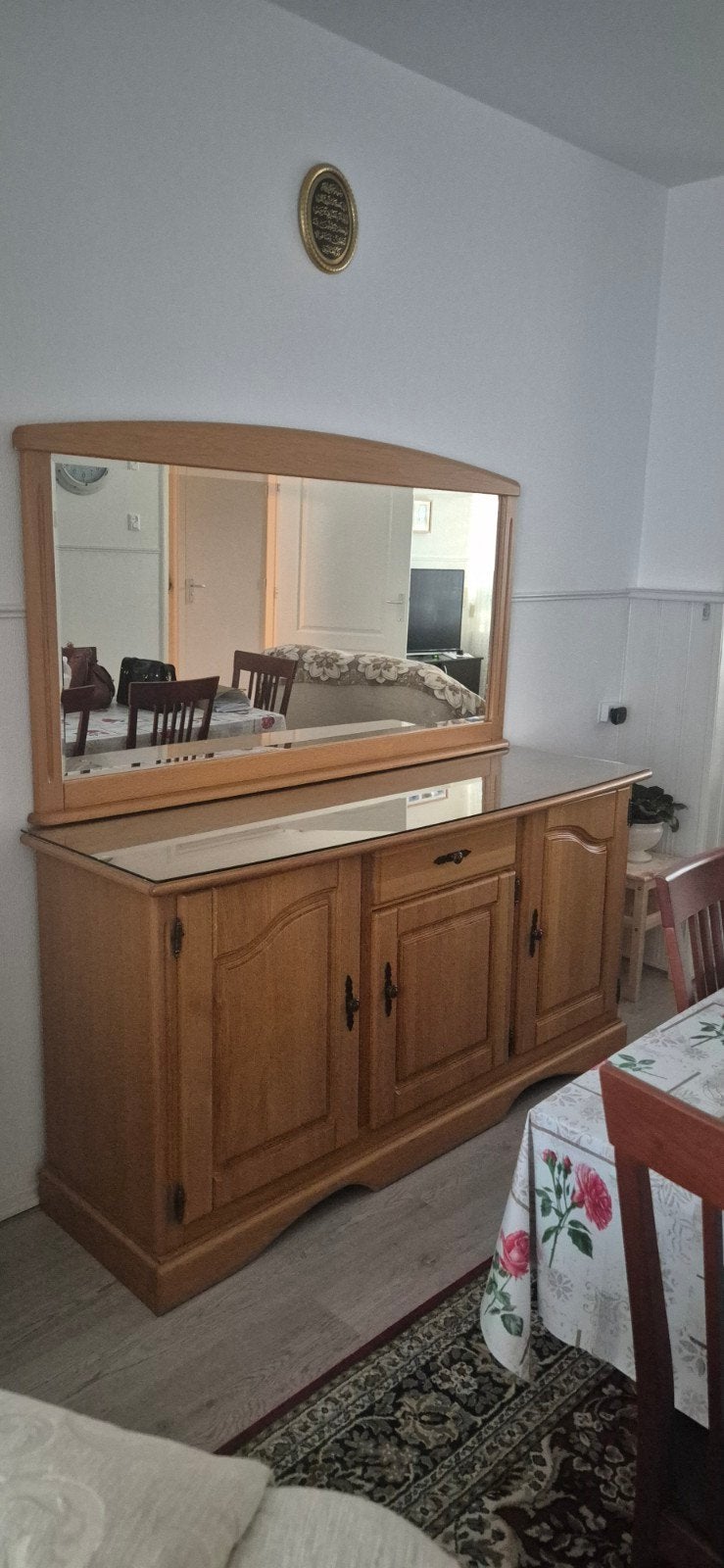 Houten dressoir met spiegel en glazen blad, Huis en Inrichting, Ophalen, Gebruikt, Glas, Klassiek