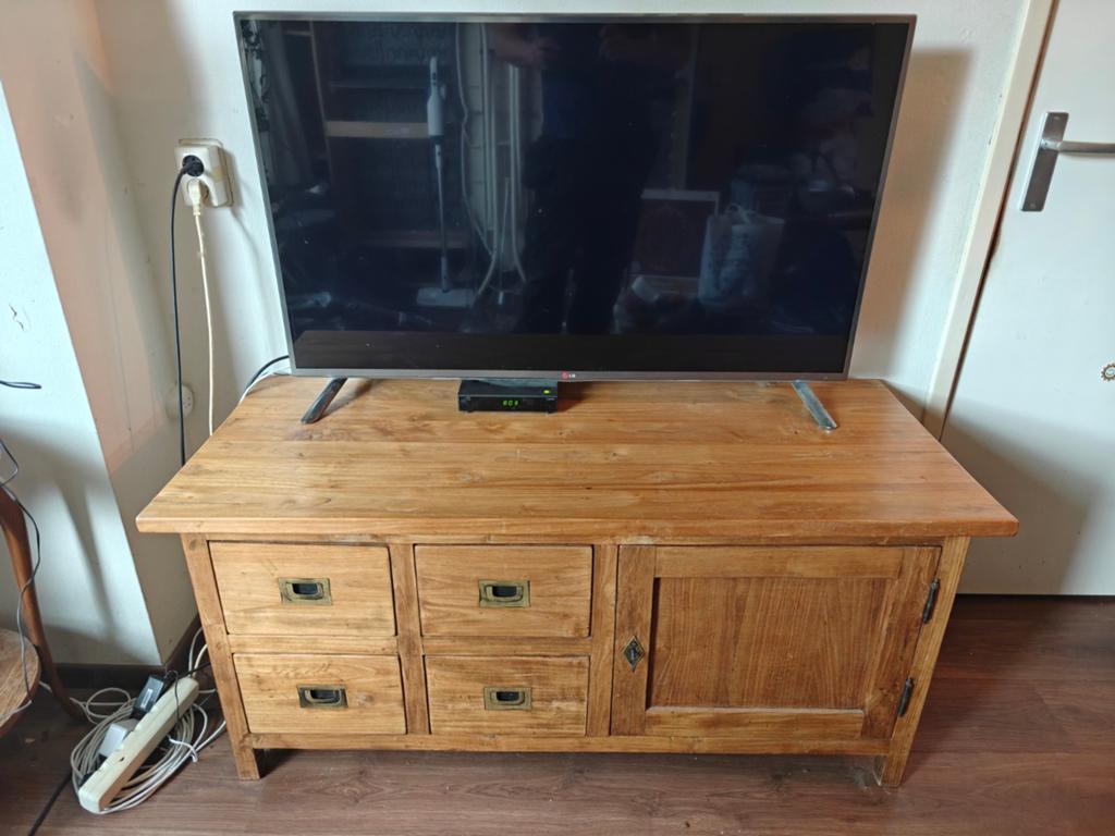 Teakhouten tv meubel, Ophalen, 100 tot 150 cm, Zo goed als nieuw, Minder dan 100 cm