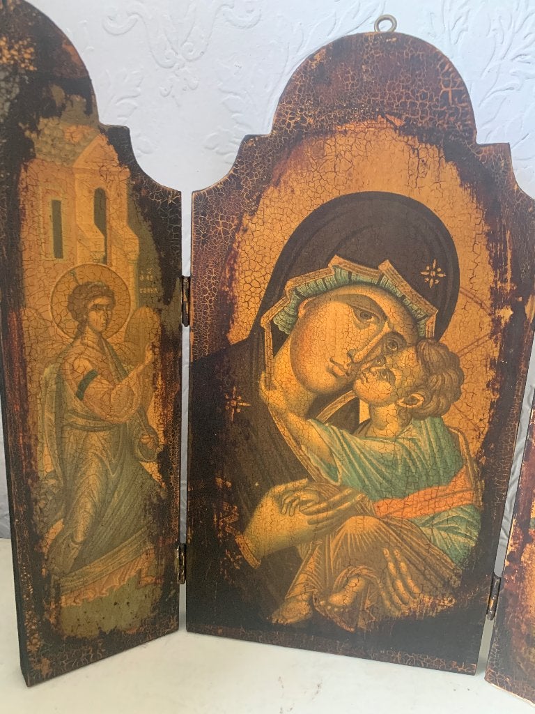 Antieke Grieks drieluik icoon van Maria met Kind en engelen, Ophalen of Verzenden