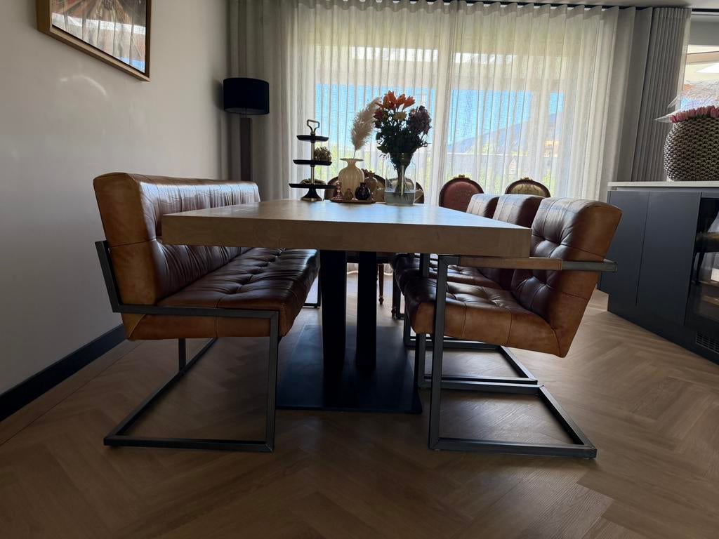 Lederen eetkamerstoelen en bank Table du Sud, Huis en Inrichting, Ophalen, Bruin, Leer, Zo goed als nieuw