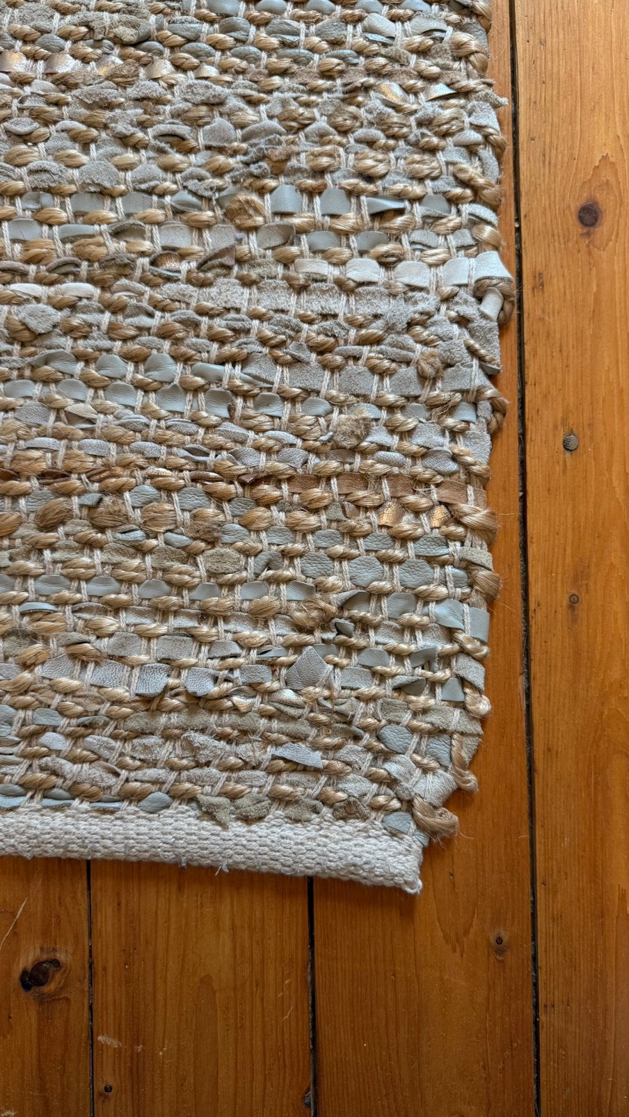 Vloerkleed jute met leer, Ophalen, 100 tot 150 cm, Beige, Zo goed als nieuw