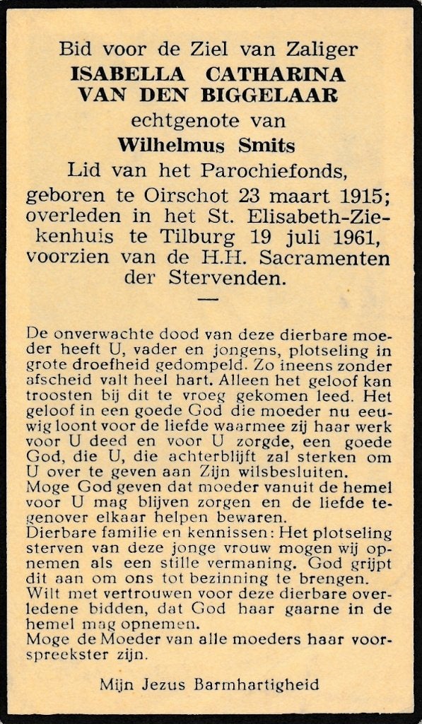 Biggelaar Isabella 1915 Oirschot 1961 Tilburg, Ophalen of Verzenden, Bidprentje