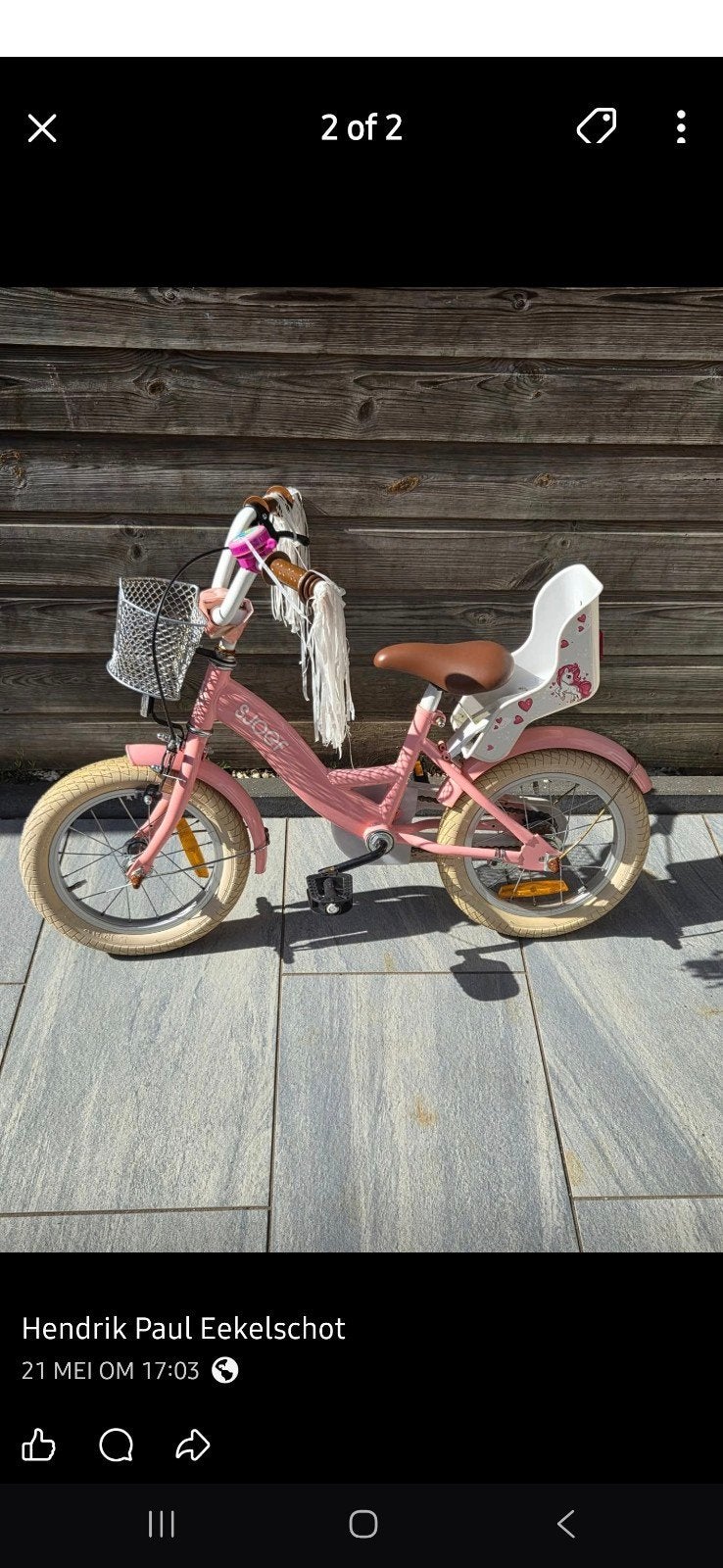 Roze meisjesfiets met mandje en poppenzitje, Ophalen, Terugtraprem, Sjees, 16 tot 20 inch