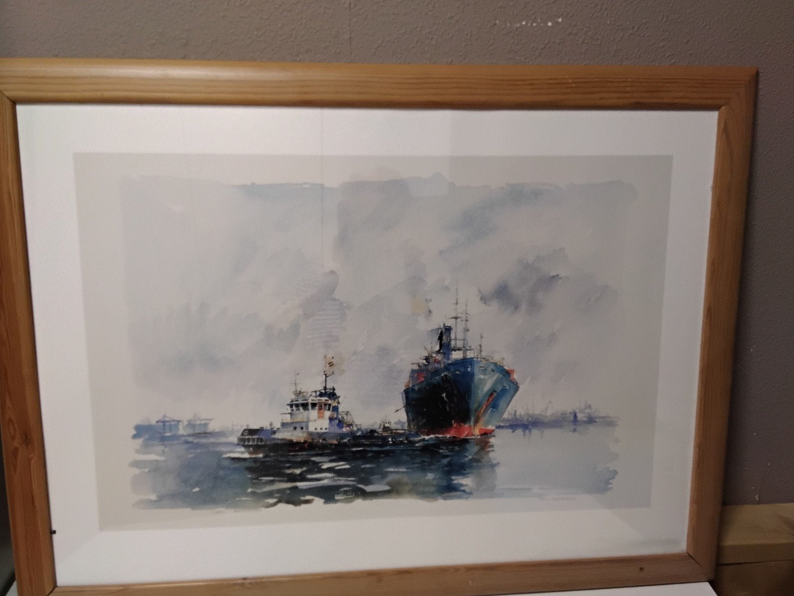 Ingelijste aquarel van sleepboot en vrachtschip, Ophalen
