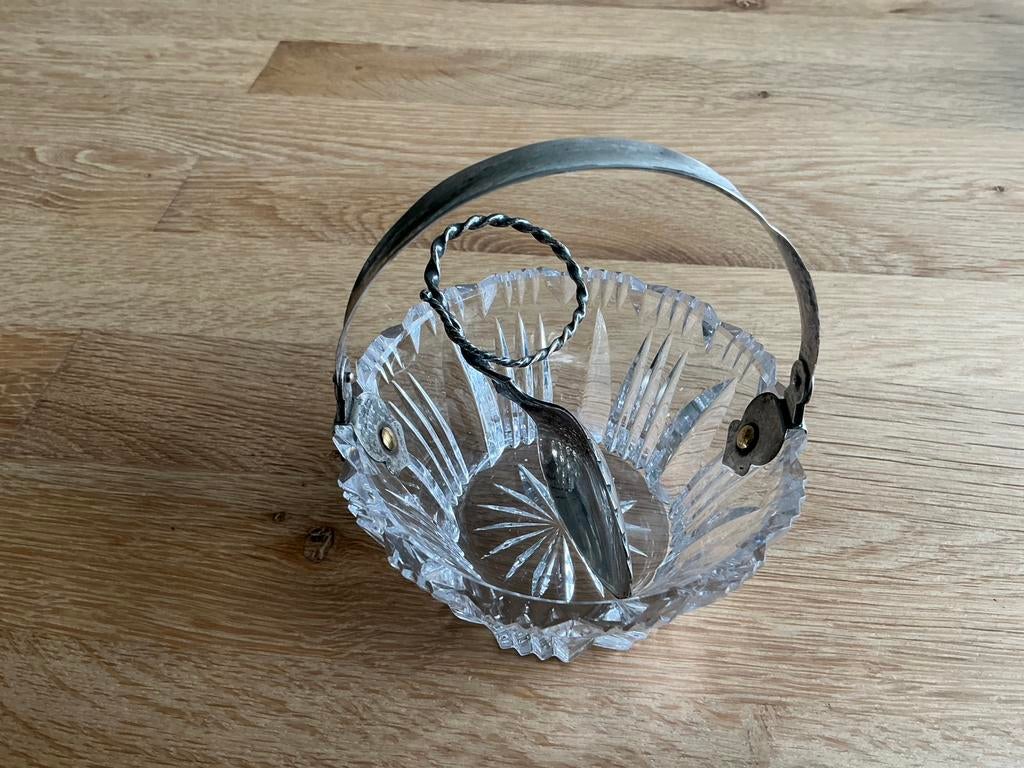 Kristallen mandje met zilveren hengsel en lepel, Antiek en Kunst, Ophalen of Verzenden, Zilver