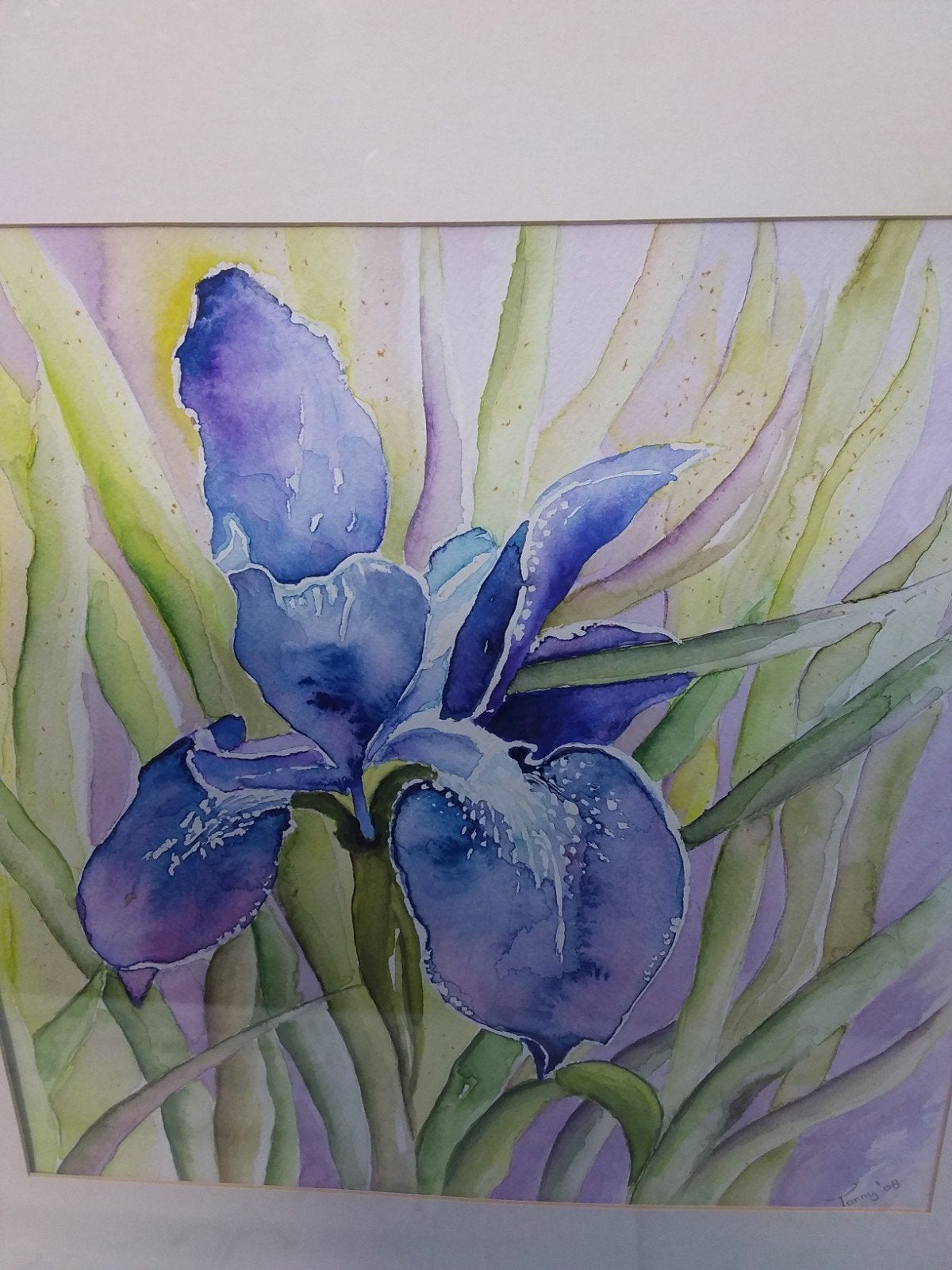 Aquarel schilderij met bloem in passe-partout., Ophalen, 50 – 75, Gebruikt, Schilderij