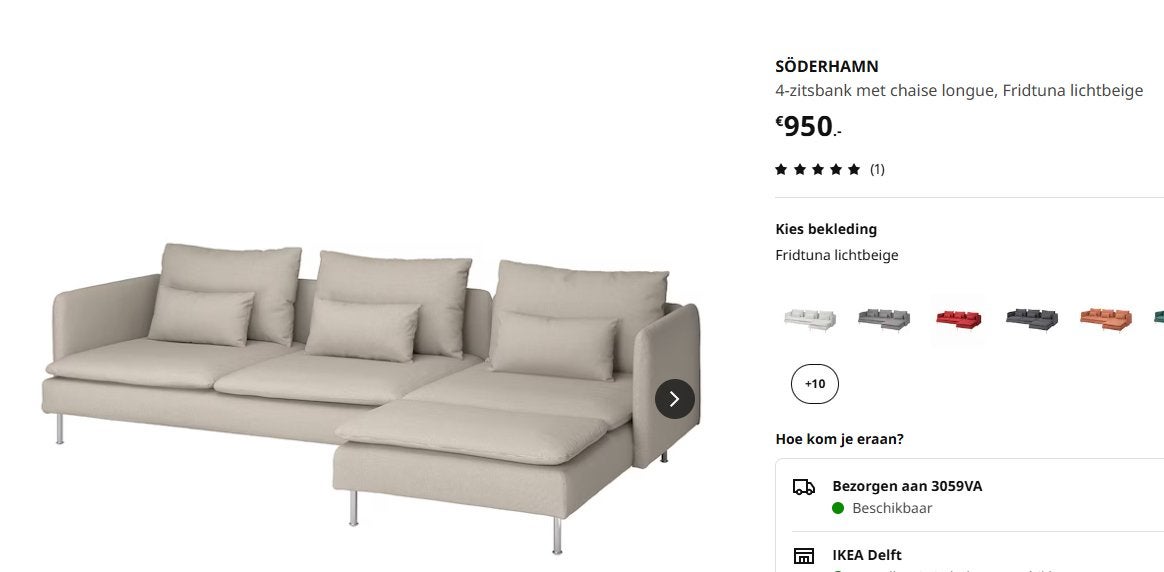 IKEA Söderhamn 4-zitsbank met chaise longue, Ophalen, 250 tot 300 cm, Gebruikt, 100 tot 125 cm