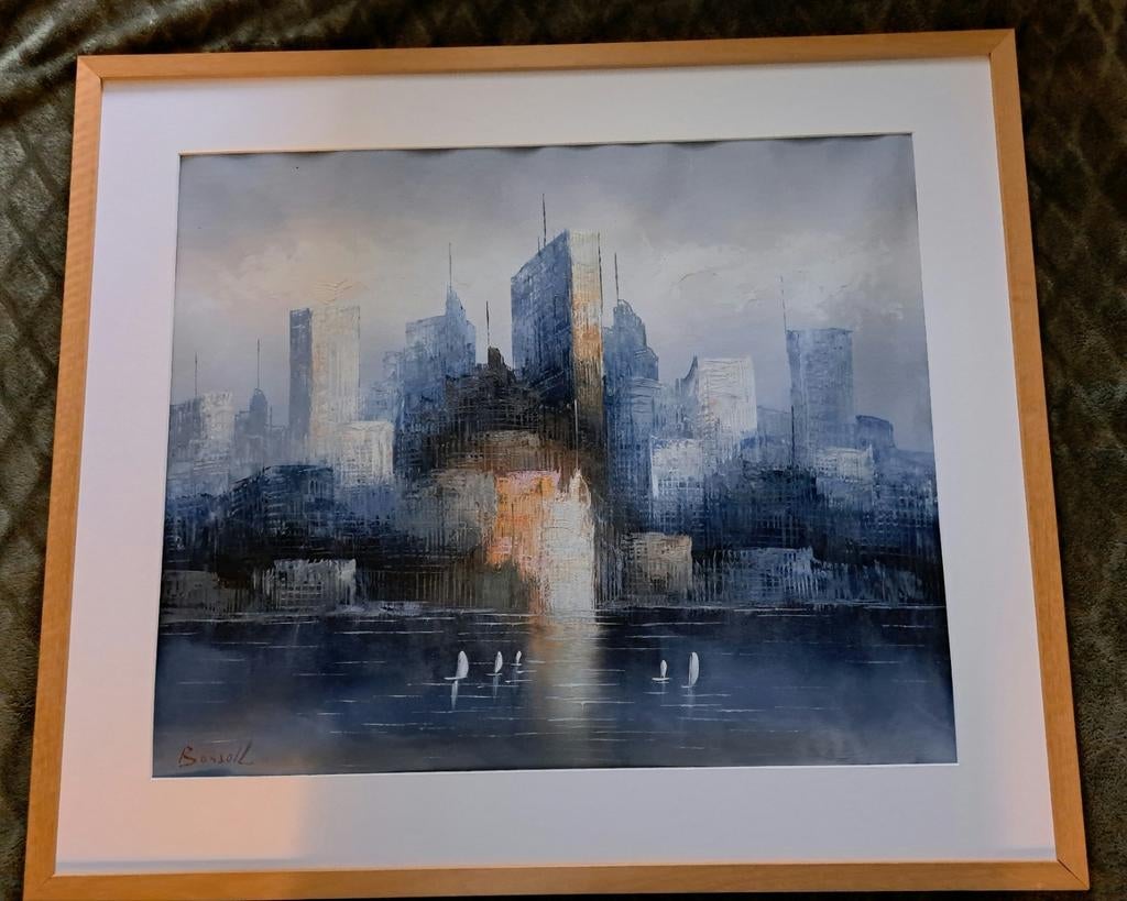 Surrealistisch Schilderij Stadsgezicht met Paspartout, Antiek en Kunst, Kunst | Schilderijen | Modern, Ophalen of Verzenden