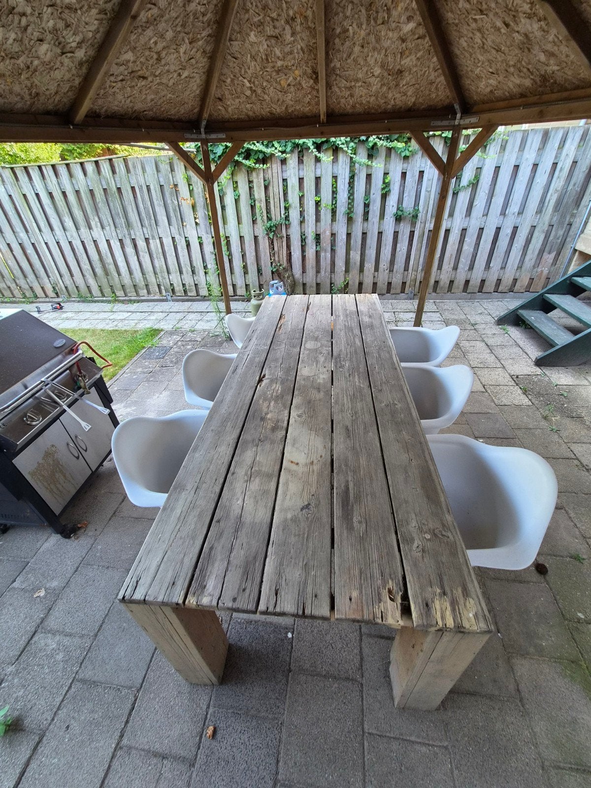 houten tuintafel met 6x kuipstoel, Ophalen, Gebruikt, Rechthoekig, Hout