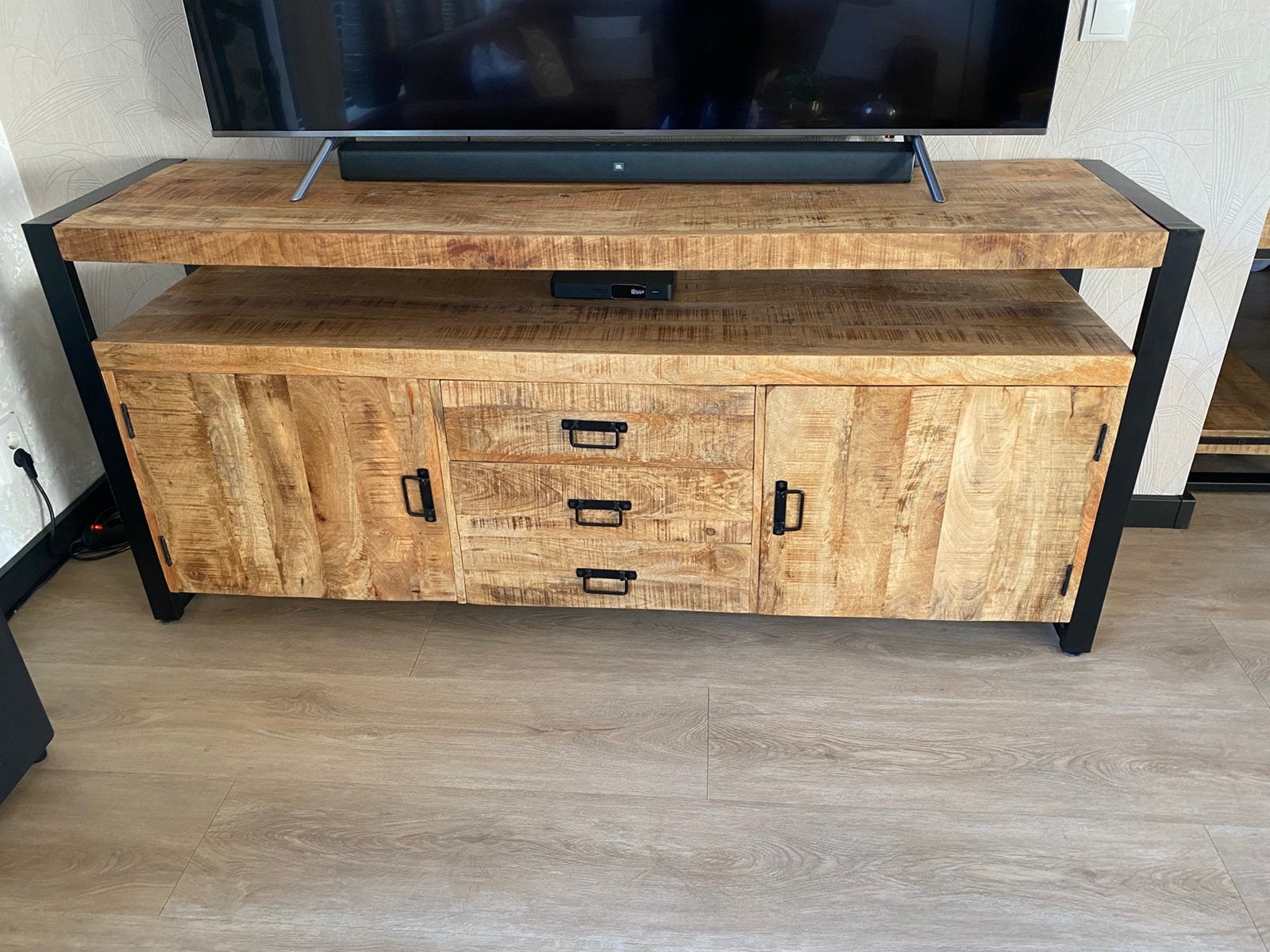 Mango houten dressoir en sidetable, Gebruikt, Met lade(s), 75 cm of meer, Industrieel