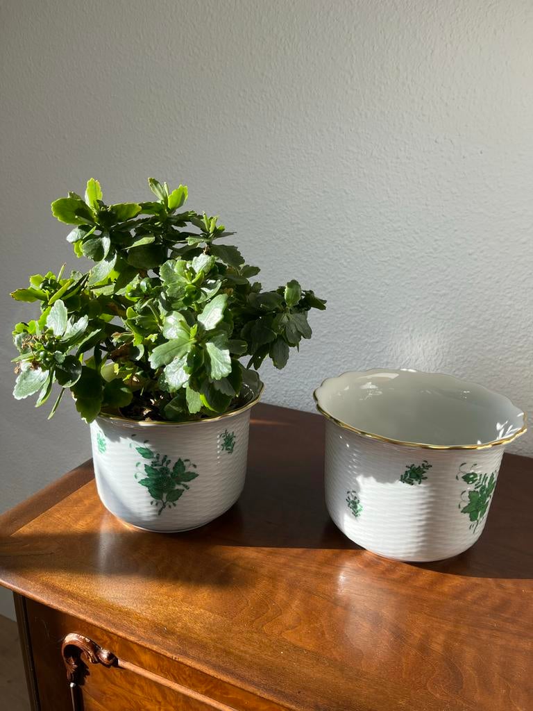 Vintage Herend bloempotten en tafellamp met groen decor, Ophalen of Verzenden