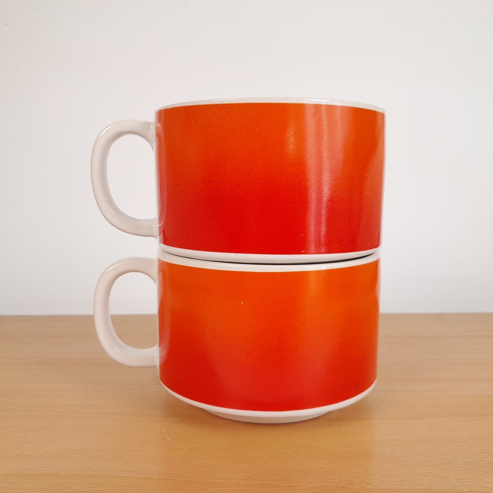 Vintage set soepkommen - oranje rood - 1970's, Gebruikt, Keramiek, Ophalen of Verzenden, Kom(men)