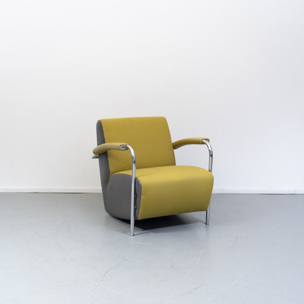 1x Leolux Scylla fauteuil geel/grijze stof, Niet ingevuld, Niet ingevuld, Leer, Ophalen of Verzenden