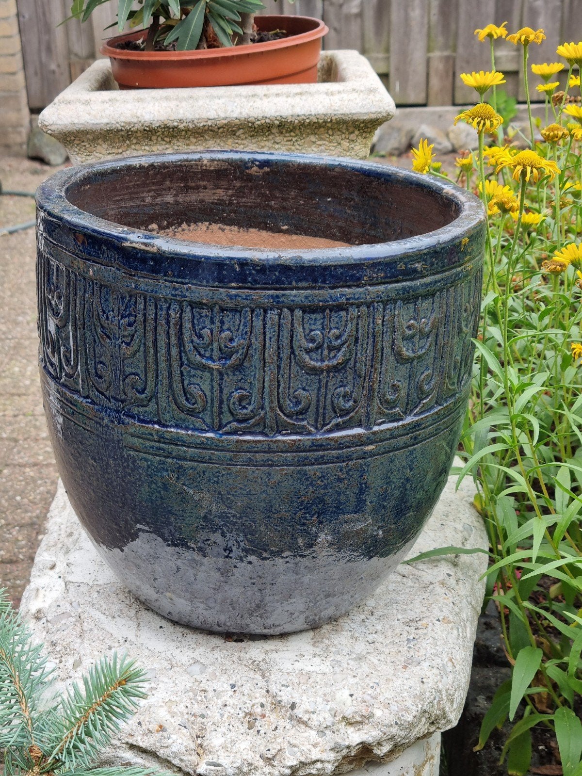🪴  BLOEMPOT Terracotta           
" old dark blue look ", Rond, Zo goed als nieuw, Minder dan 40 cm, Terracotta