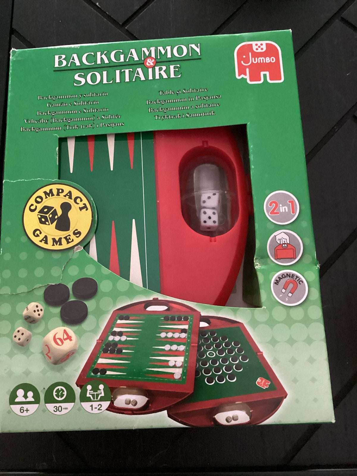 Jumbo Compact Games Backgammon & Solitaire 2-in-1, Nieuw, Ophalen of Verzenden, ., .