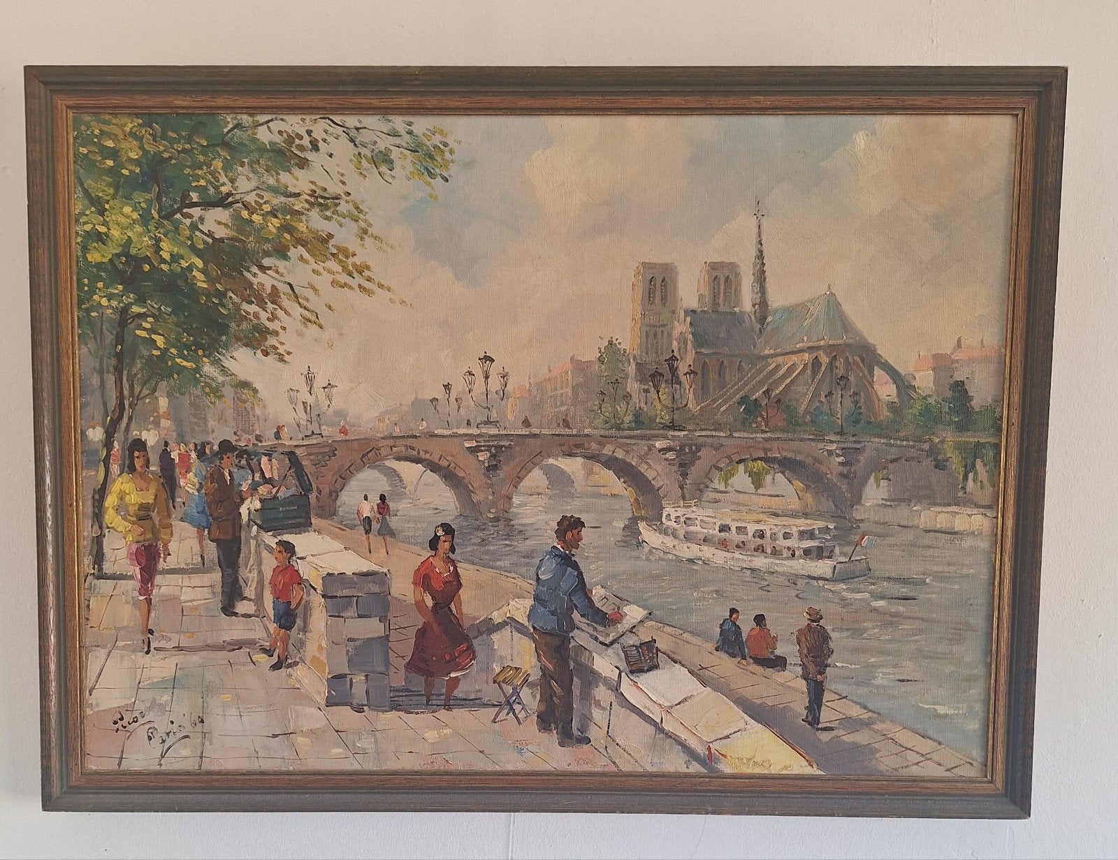 Schilderij Parijs stadsgezicht met Notre Dame en Seine, Antiek en Kunst, Doek, Impressionistisch, Ophalen of Verzenden, Handgeschilderd