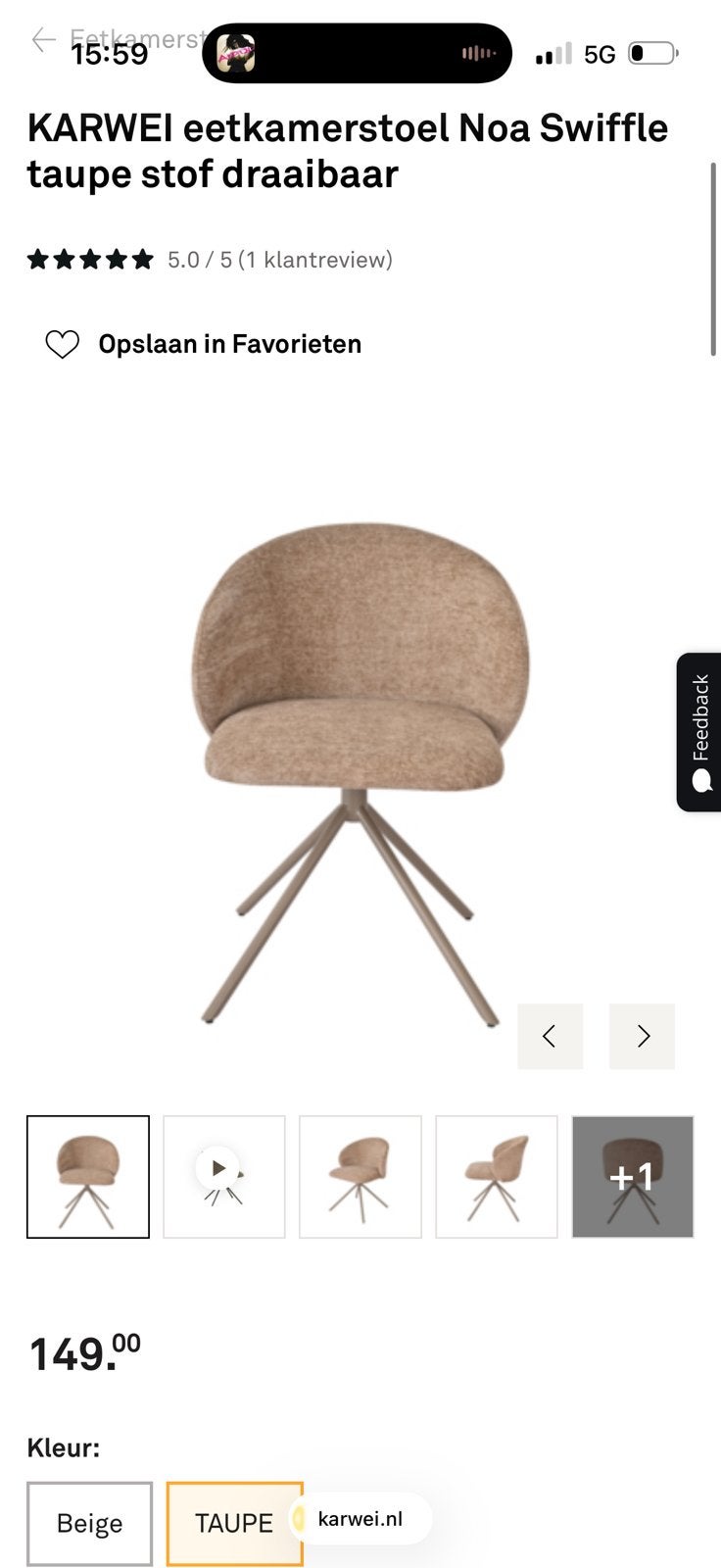 Noa Swiffle eetkamerstoelem 4x - Taupe - Draaibaar, Huis en Inrichting, Stoelen, Zo goed als nieuw, Eén, Stof, Overige kleuren