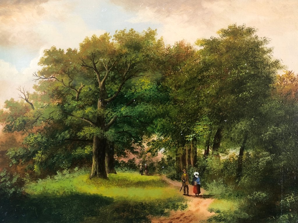 J. Croon Schilderij 'Bospad met wandelaars', Ophalen of Verzenden