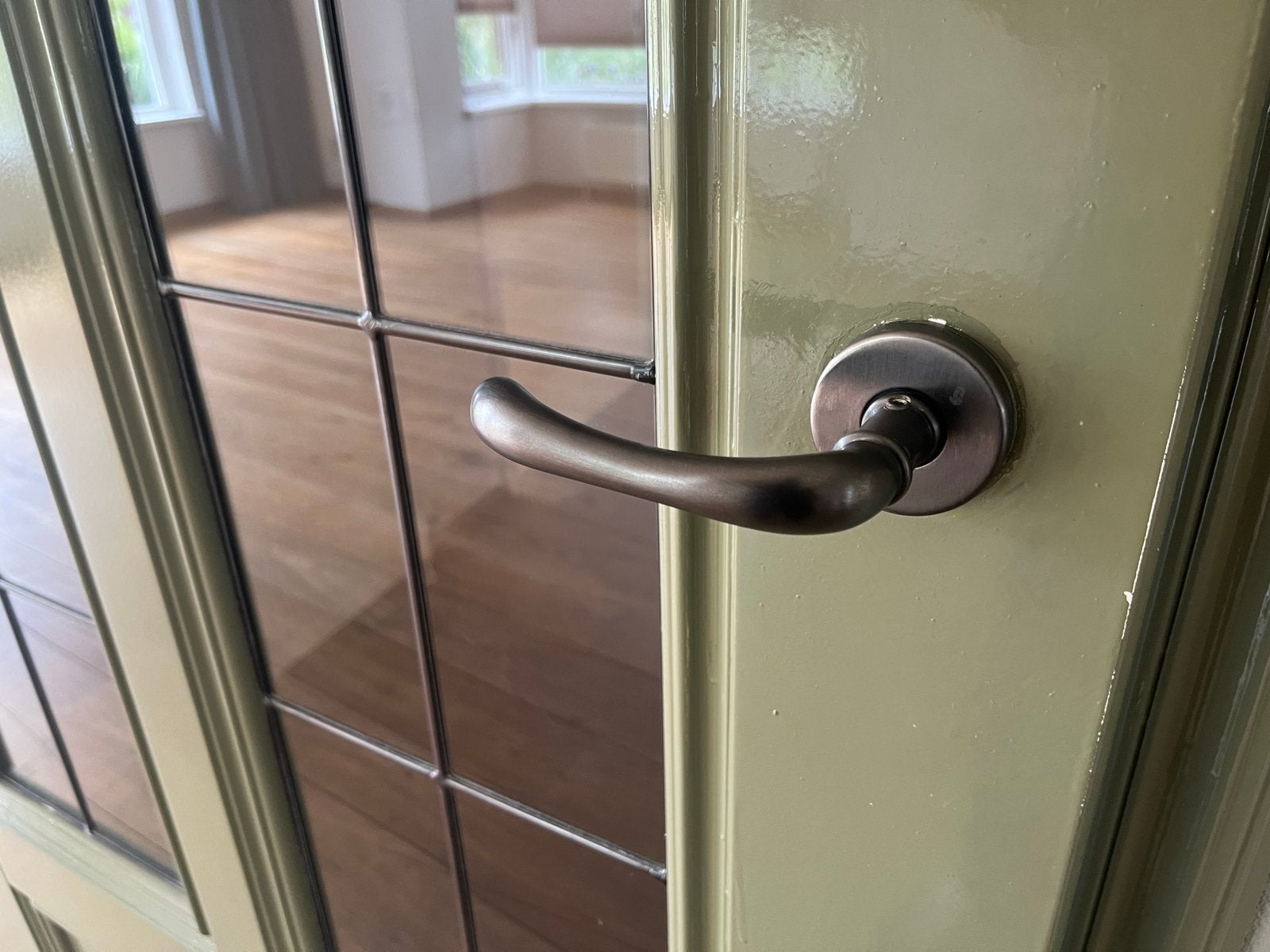 Olijfgroene binnendeur met glas in lood, Doe-het-zelf en Verbouw, Deuren en Horren, Ophalen, Gebruikt, Binnendeur, 200 tot 215 cm