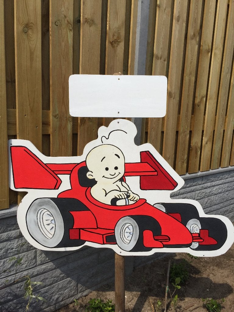 Geboortebord RACEAUTO huren huur babyspullen jongen meisje, Kinderen en Baby's, Ophalen, Zo goed als nieuw, Geboortebord