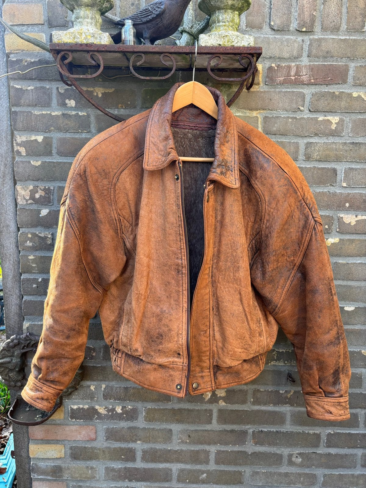 Vintage Leren Bomberjack met Bontvoering - Maat L, Ophalen of Verzenden, Gedragen, Maat 52/54 (L), Bruin