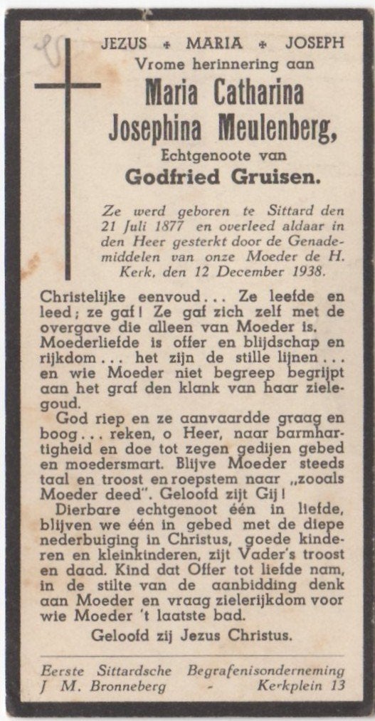 Maria C.J. Meulenberg 1877 Sittard + 1938 Sittard, 61 jaar, Ophalen of Verzenden
