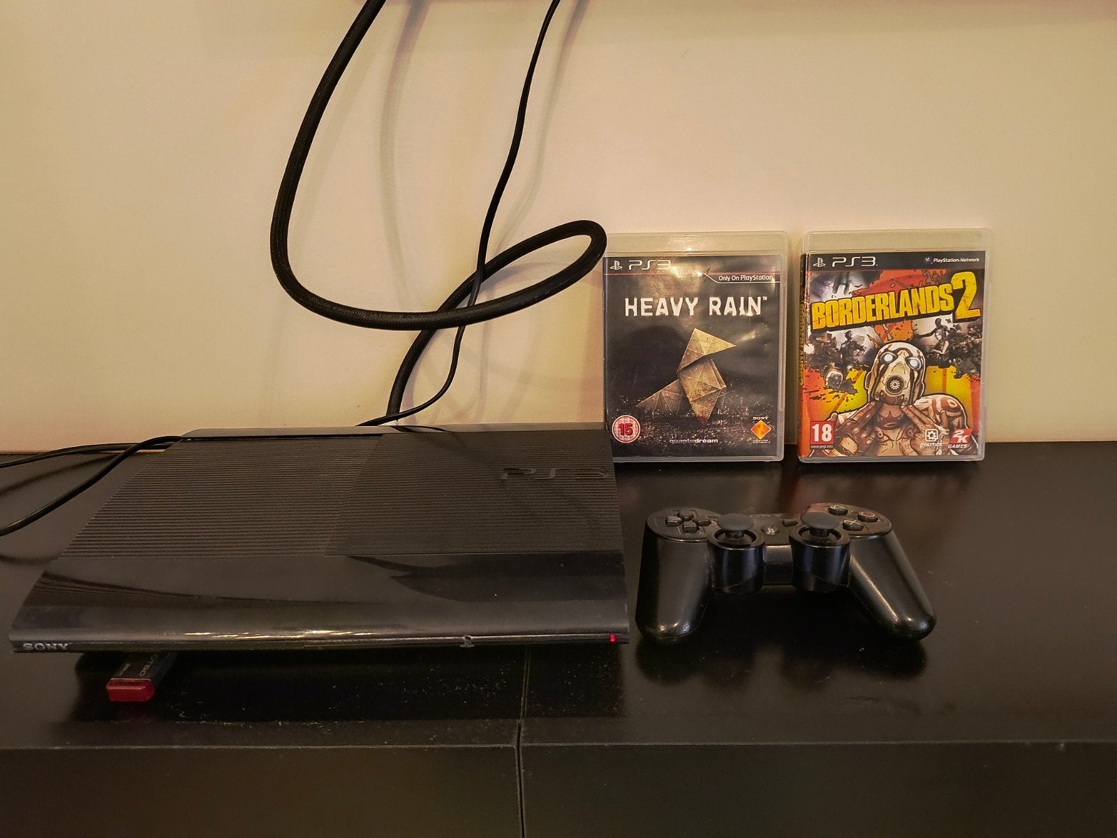 PS3 super slim (4204) + 2 games, Ophalen, Gebruikt, Met 1 controller, Slim