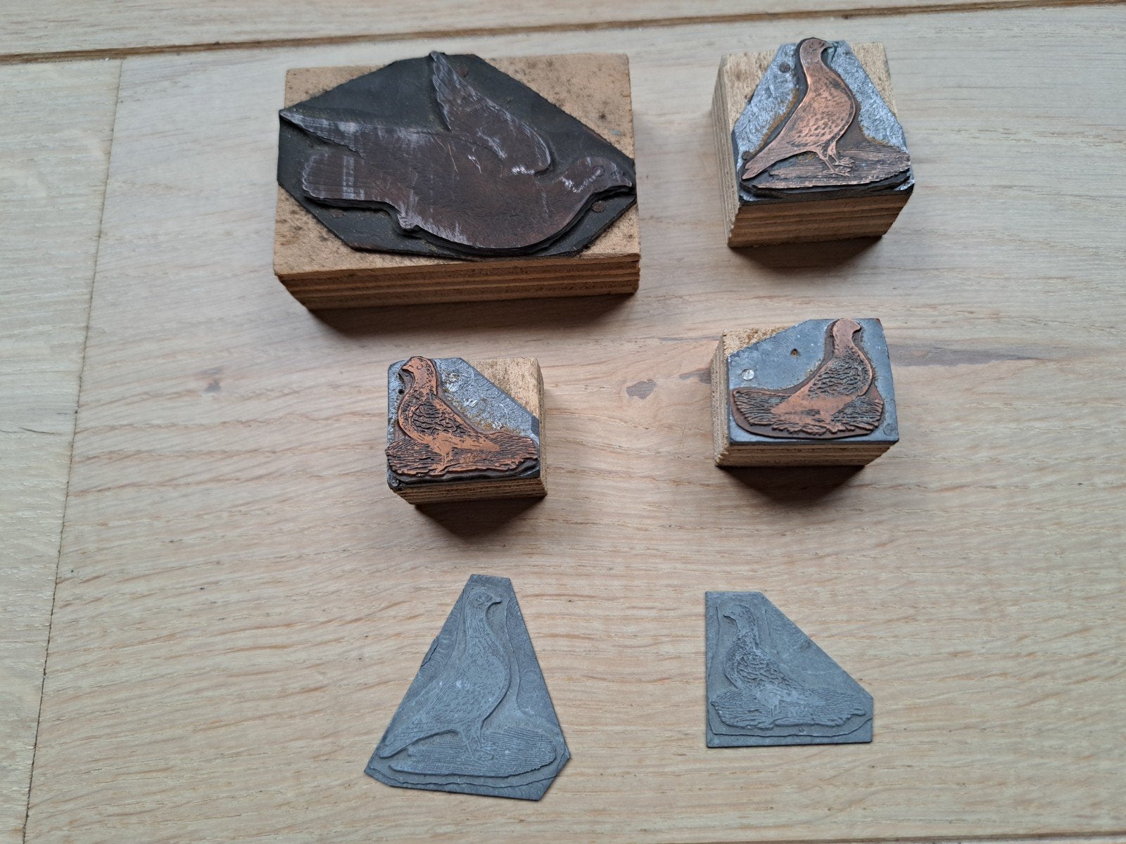 Vintage koperen cliches / stempels met vogelmotief (5 stuks), Ophalen of Verzenden