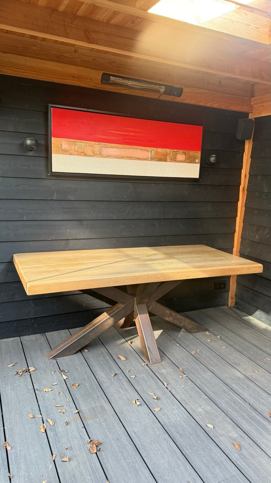 Eikenhouten tafel met stalen X-poot en massief blad, Ophalen, Gebruikt, Eikenhout
