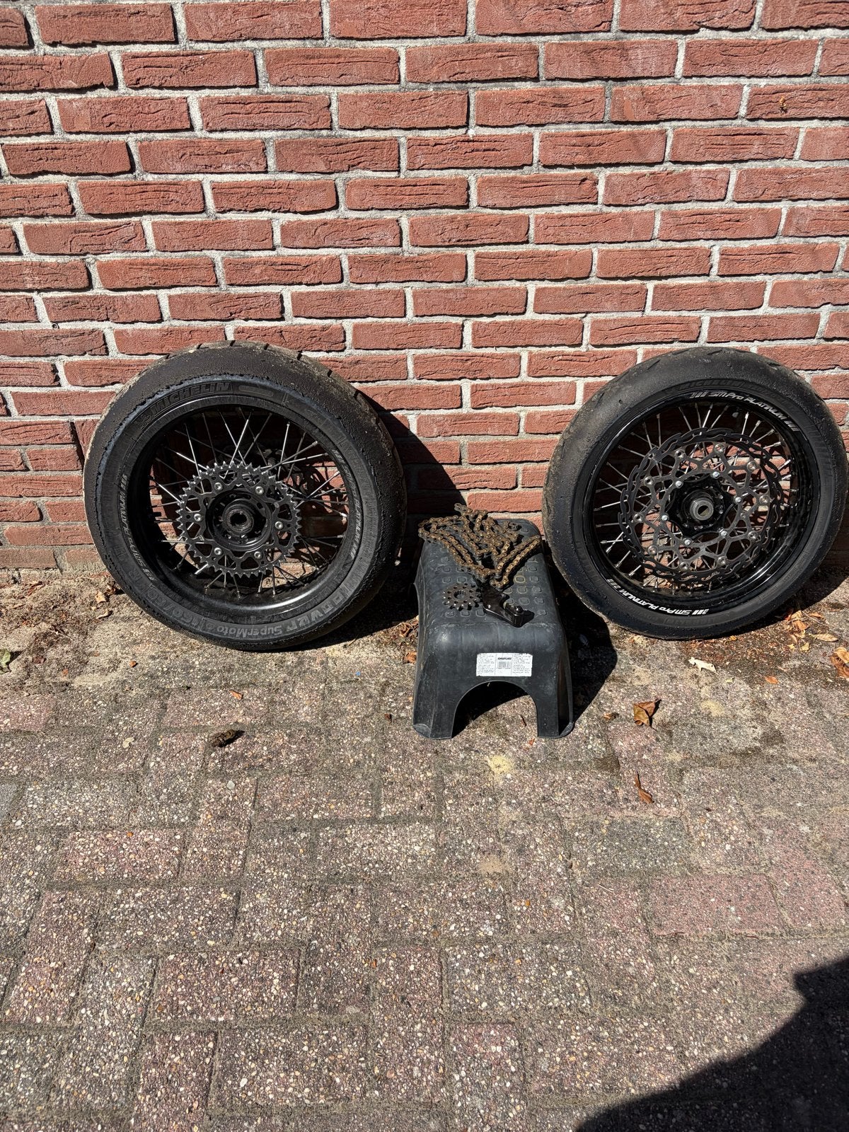 Supermoto wielen set met ketting en tandwiel, Ophalen of Verzenden, Gebruikt