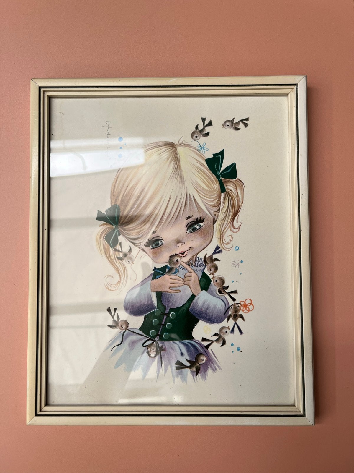 Vintage print: meisje met vogeltjes - Gallarda, Gebruikt, Vintage, Ophalen of Verzenden, 22 cm