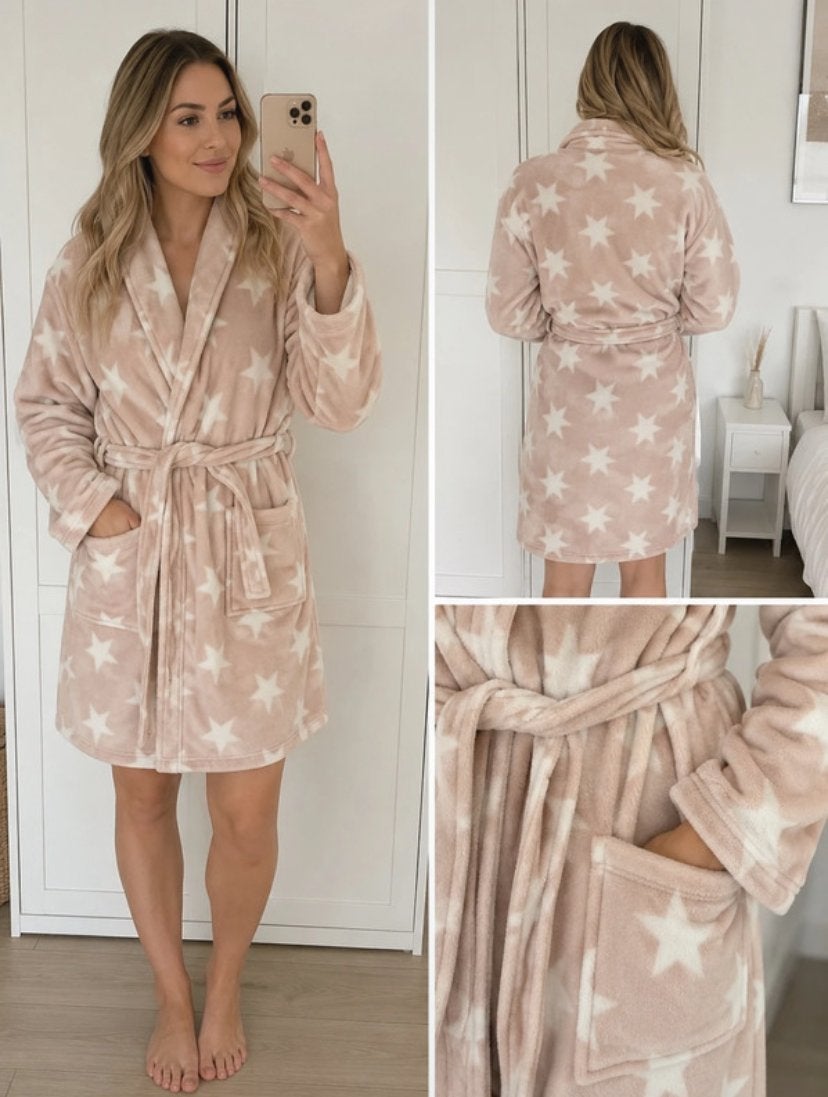 Roze badjas met sterrenprint, Verzenden, Zo goed als nieuw, Maat 36 (S)