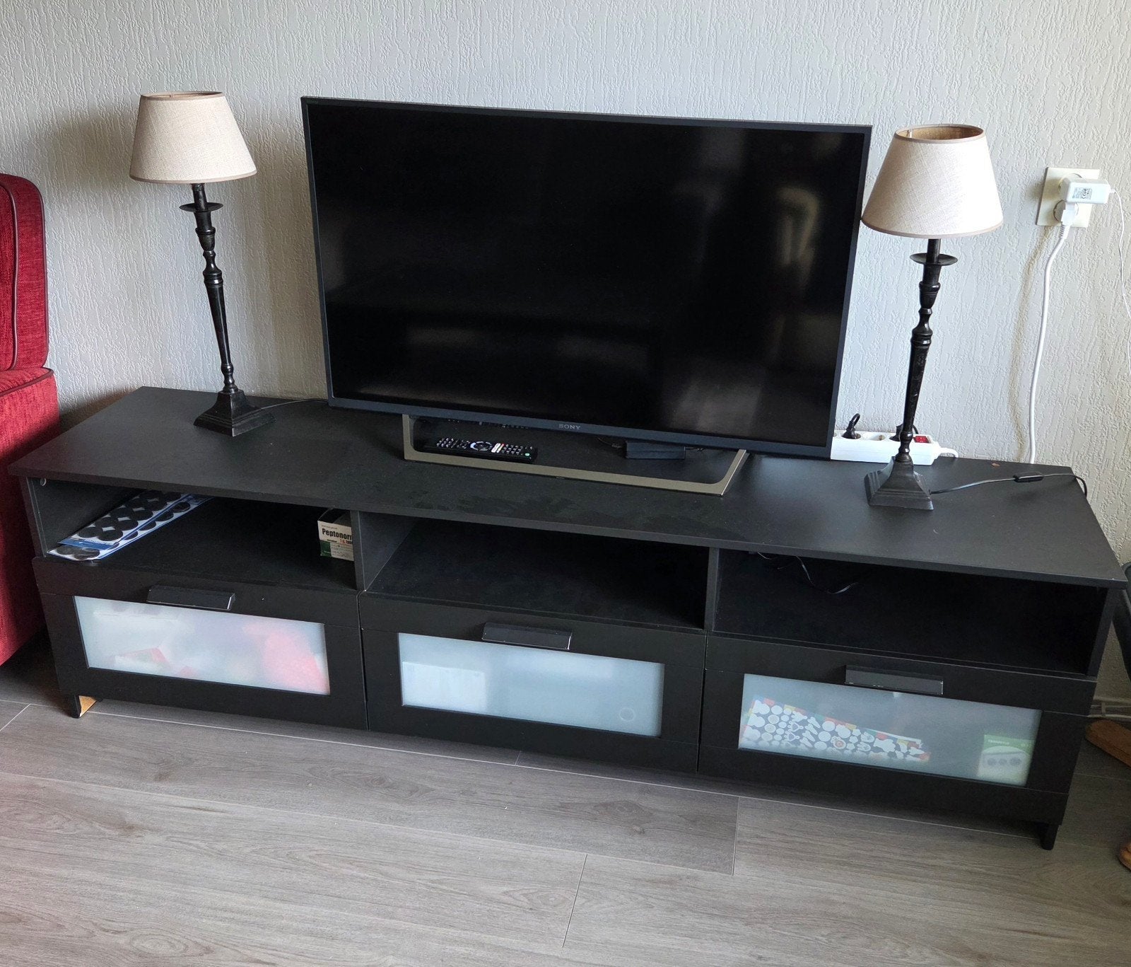 Zwart tv-meubel 180 cm – 3 lades + 3 open vakken, Ophalen, Gebruikt, 150 tot 200 cm, Minder dan 100 cm