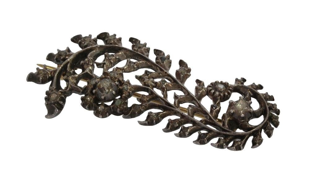 Diamanten antieke veer broche zilver 14k goud dames fraai, Verzenden, Goud, Broche, Met edelsteen