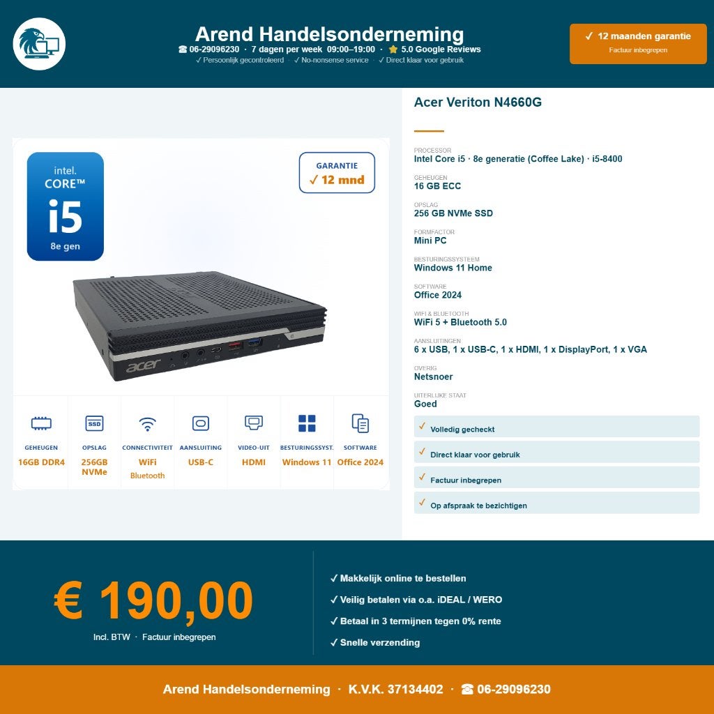 Acer Veriton N4660G i5-8400 4.0GHz 16GB 256GB NVMe Office 24, Computers en Software, Desktop Pc's, ., I5-8400, Ophalen of Verzenden