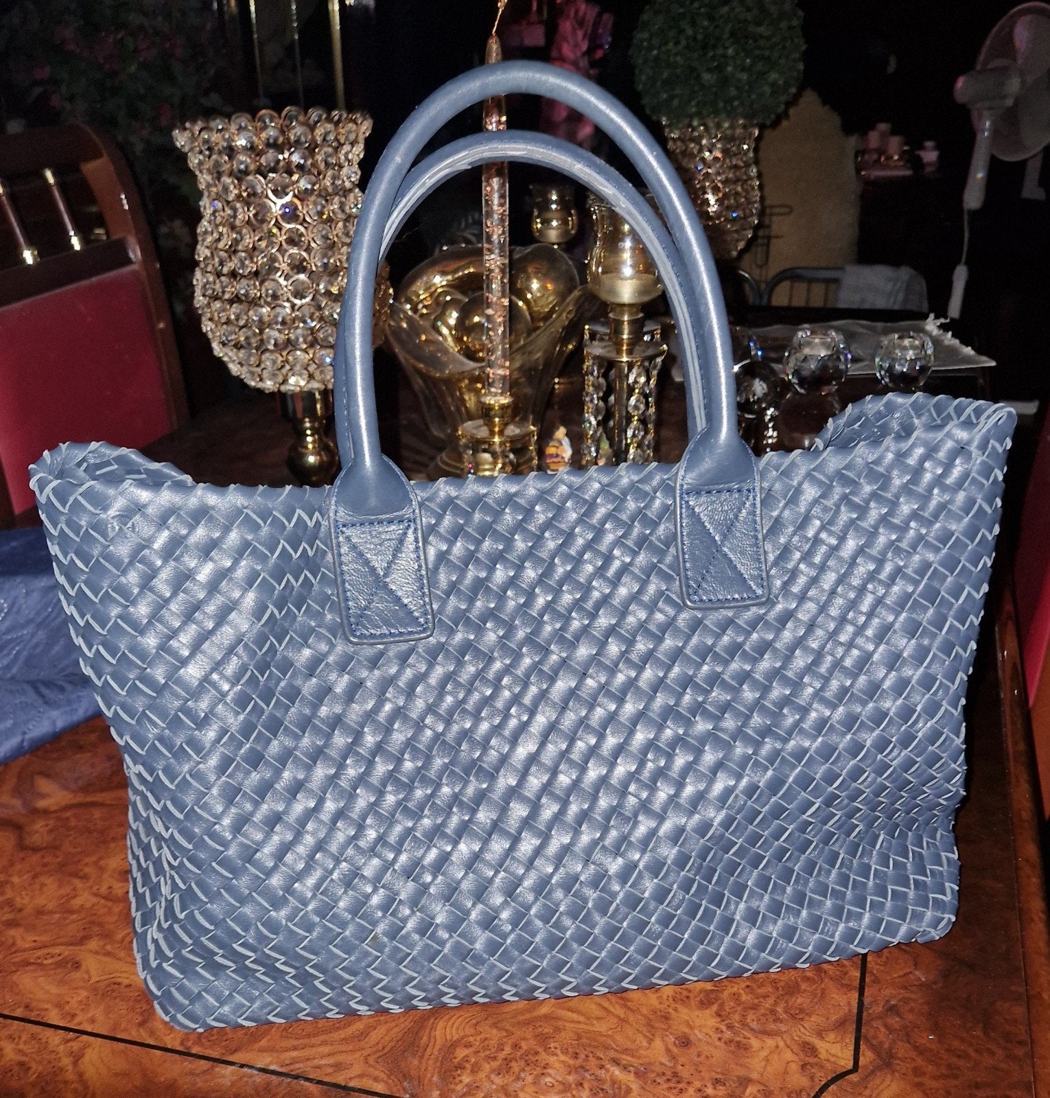 Leren gevlochten  tas, Ophalen of Verzenden, Blauw, Shopper