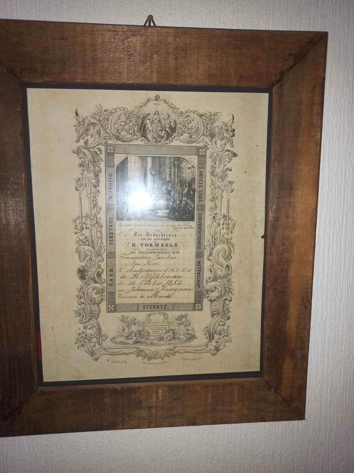 Antieke ingelijste prent 'Ter Gedachtenis' uit 1852, Antiek en Kunst, Kunst | Tekeningen en Foto's, Ophalen, Prent, Ingelijst