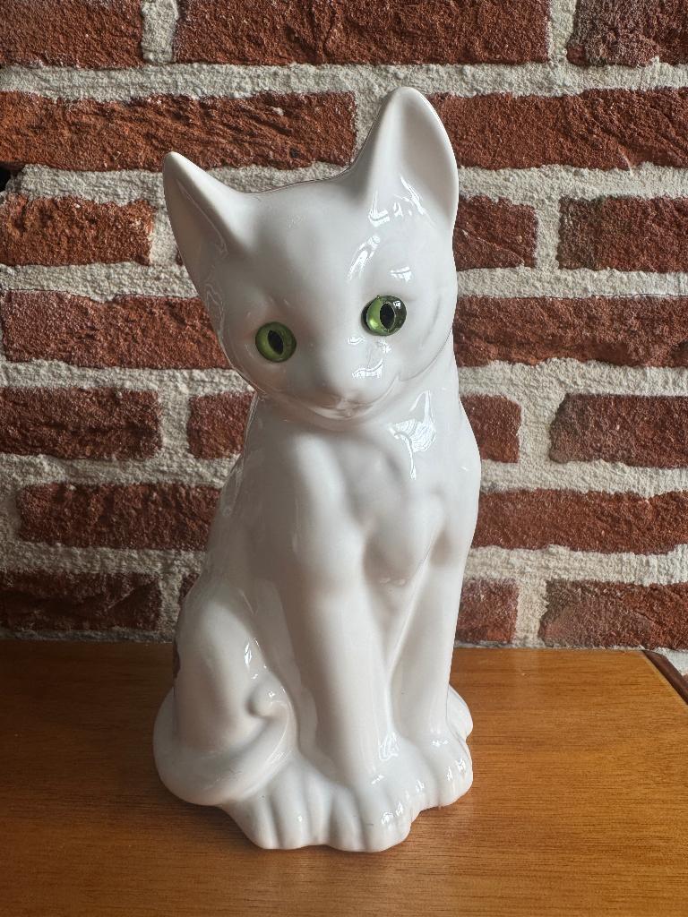 Vintage kattenbeeldje met groene ogen, delfts wit, Ophalen of Verzenden, Gebruikt, Wit