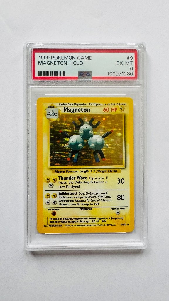 Pokémon Magneton Holo PSA 6 - Base Set 9/102 (1999), Ophalen of Verzenden, Zo goed als nieuw, Losse kaart, Foil