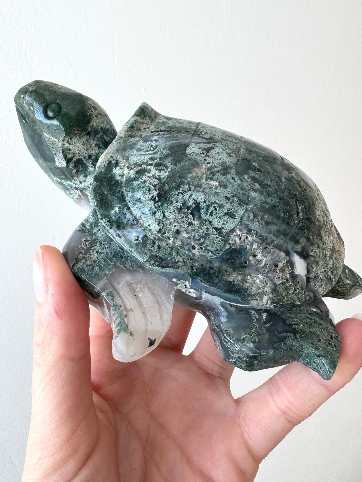 Grote Mosagaat schildpad carving (edelsteen) mooie kwaliteit, Verzenden, Mineraal