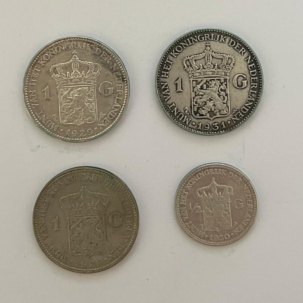 3 zilveren guldens en 1 halve gulden Wilhelmina, ½ gulden, Setje, Zilver, Ophalen of Verzenden