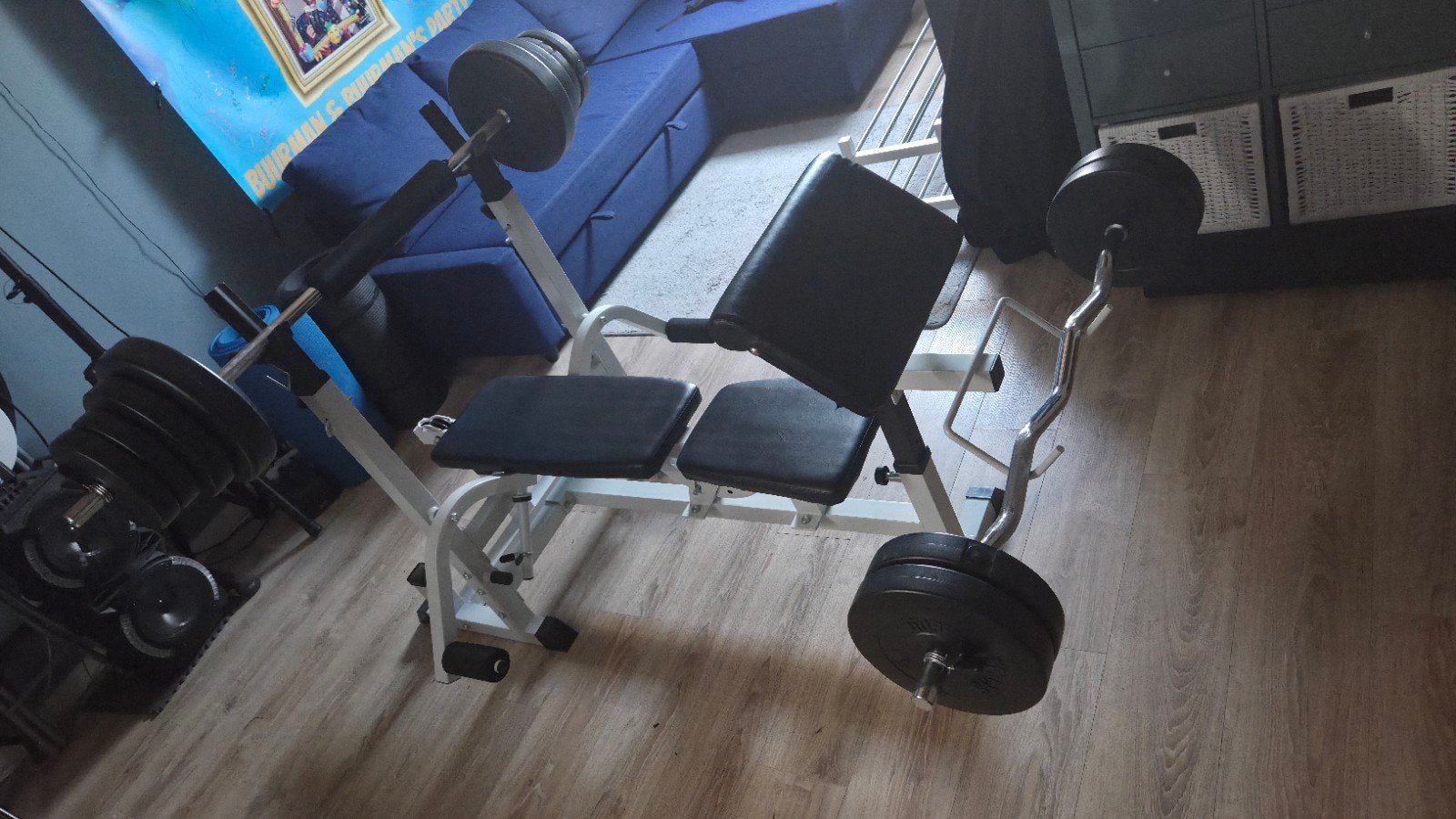 Gorilla Sports Universele Halterbank met 2 Halterstangen, Ophalen, Benen, Gebruikt, Krachtstation