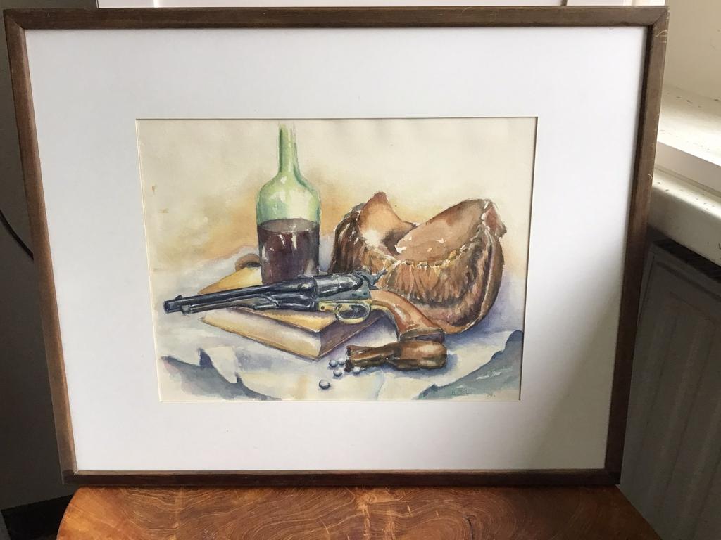 Aquarel stilleven pistool,geweer,revolver,jachtgeweer, Ophalen
