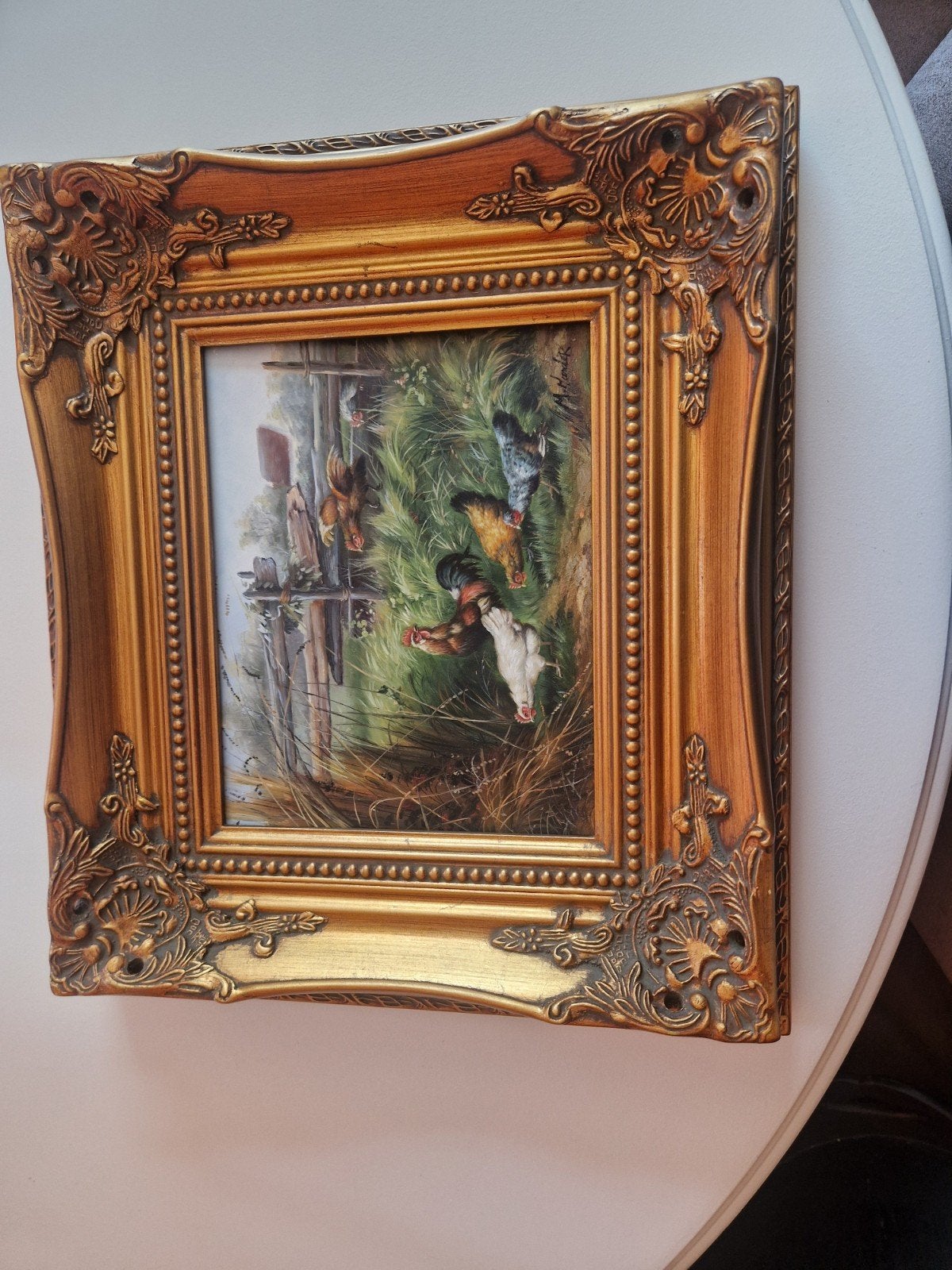 Klassiek schilderij met kippen en haan, gesigneerd, Antiek en Kunst, Ophalen