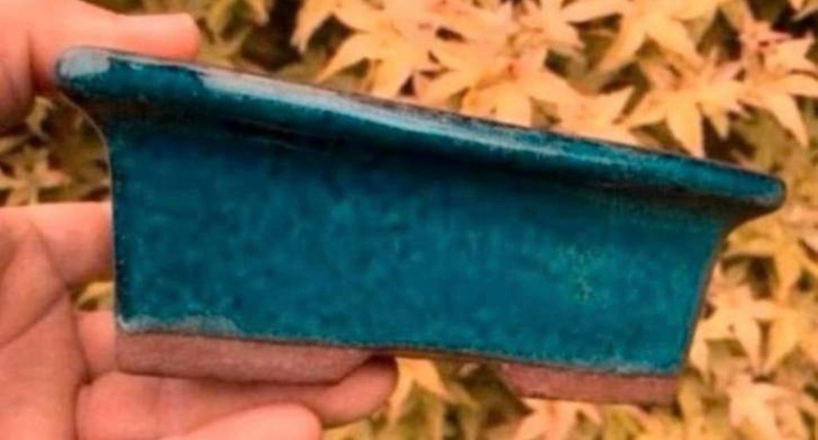 Bonsai schaal blauw-groen geglazuurd aardewerk 15x11,5x5,5, Tuin en Terras, Bloempotten, Ophalen of Verzenden, Zo goed als nieuw