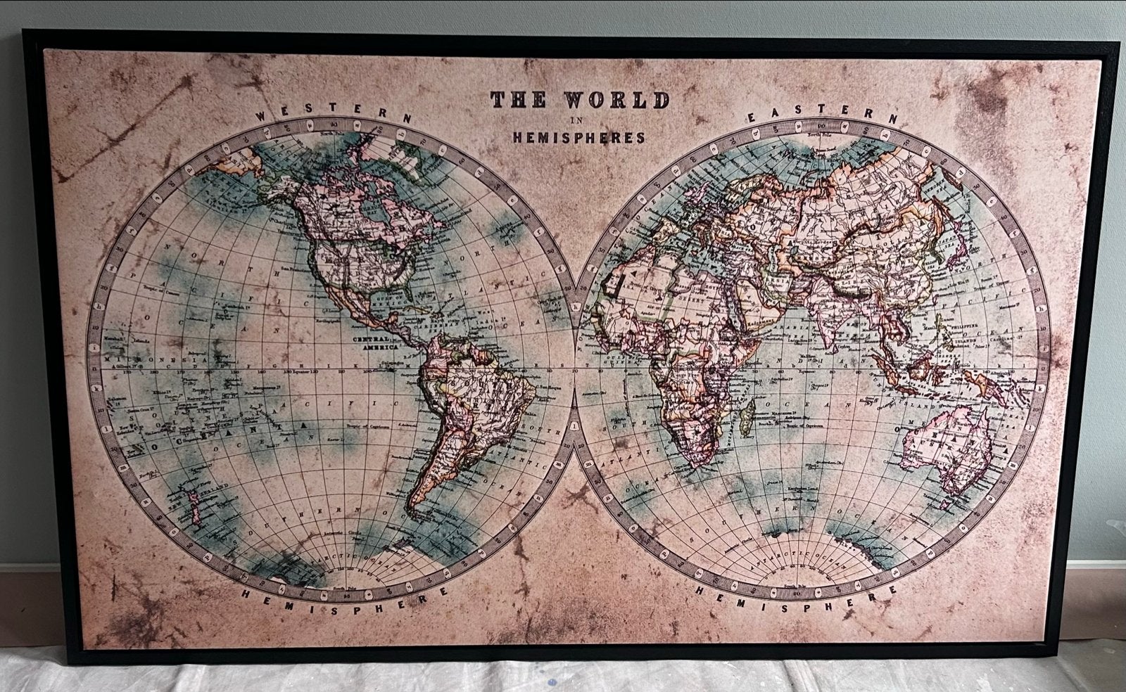 Wereldkaart canvas met zwarte lijst, Ophalen, Gebruikt, 125 cm of meer, Print