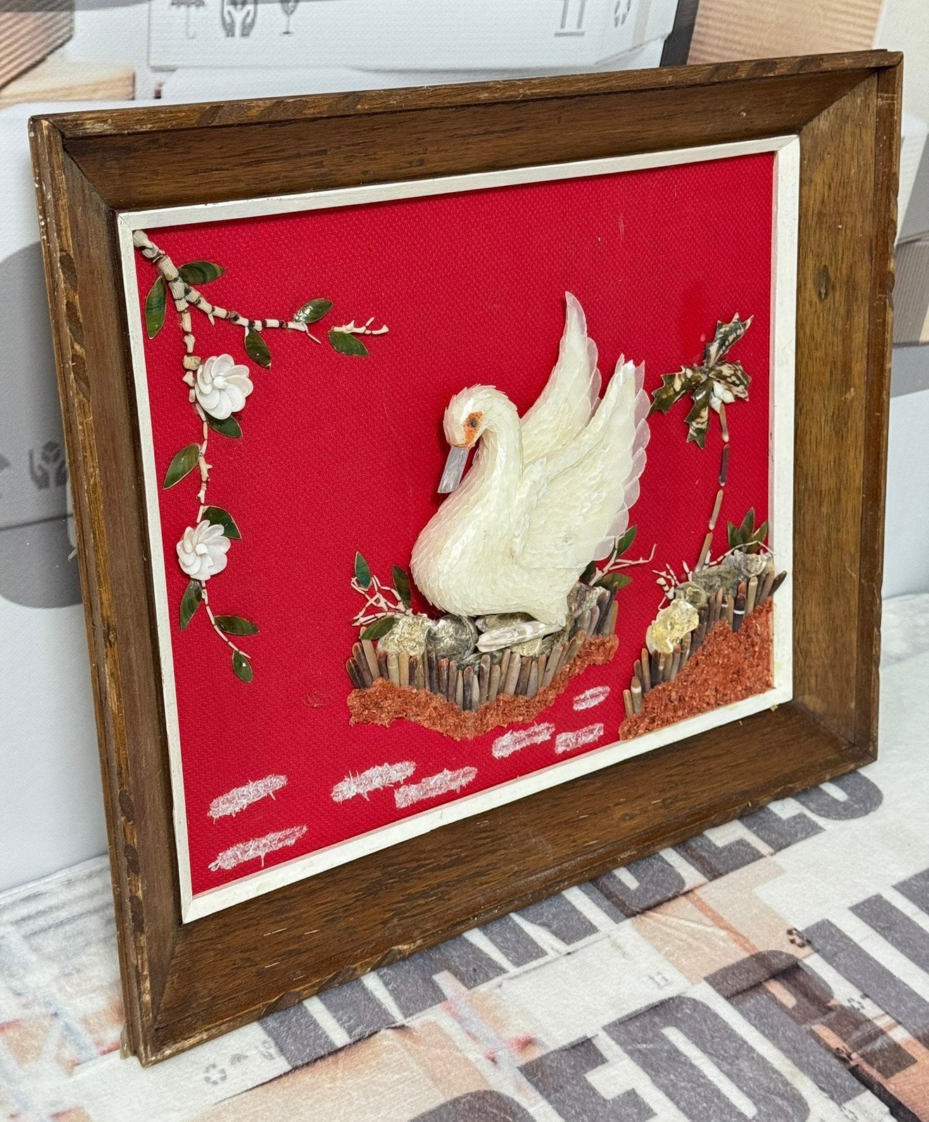 Mooi 3D vintage Zwaan kunstwerk art kunst in houten lijst, Ophalen of Verzenden, Wanddecoratie