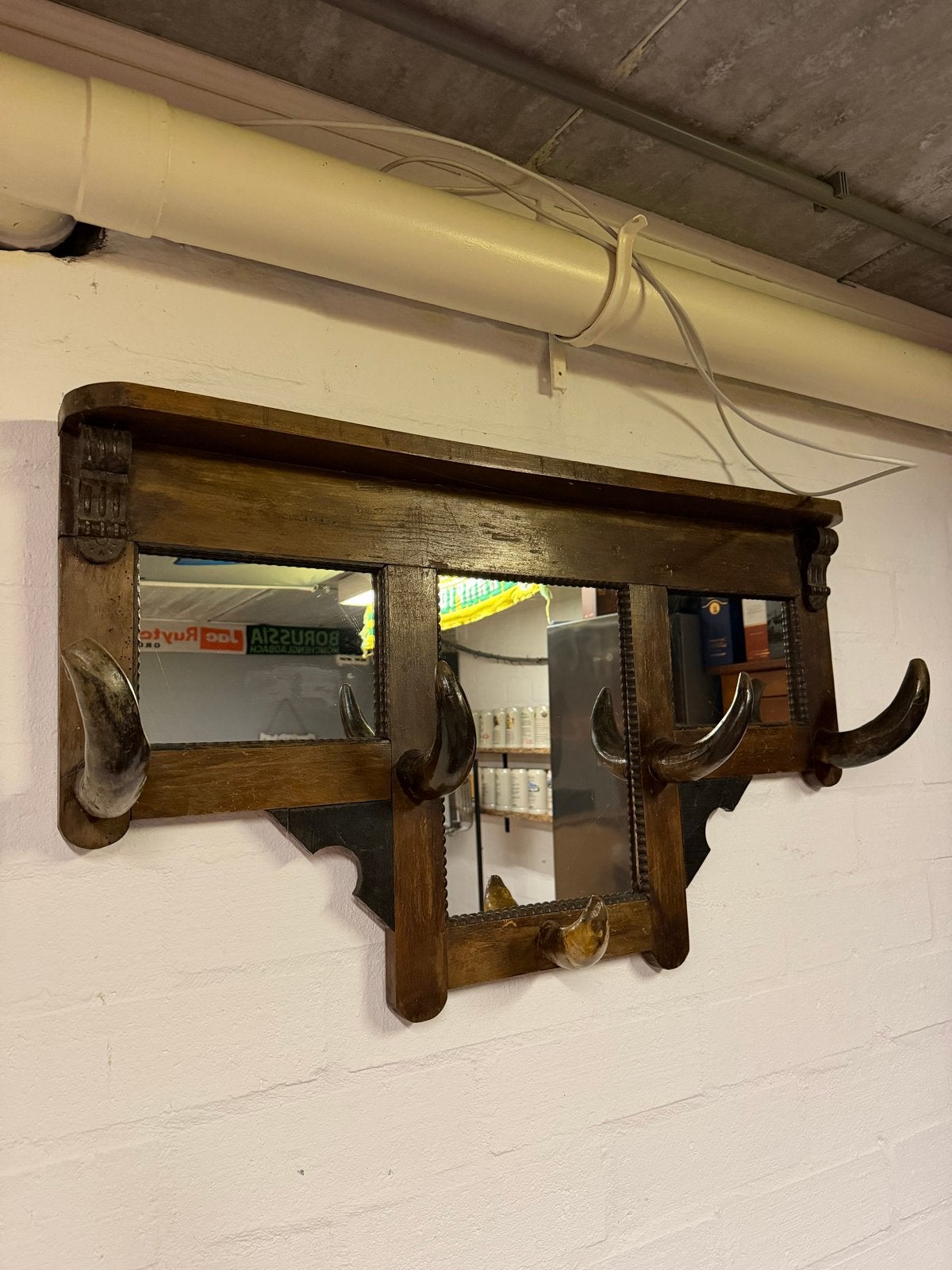 Antieke spiegel met hoornhaken, Gebruikt, Minder dan 100 cm, Hout, Ophalen